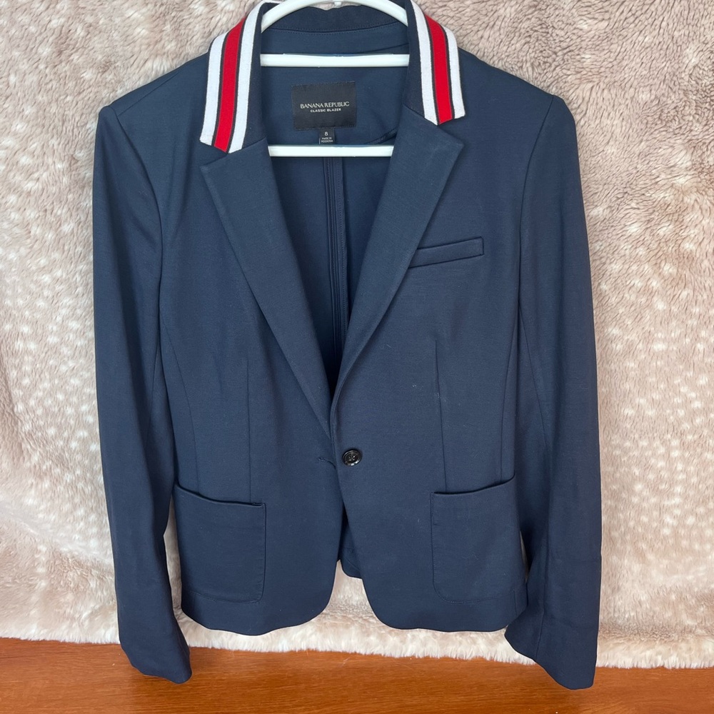 Banana Republic Navy Blazer with Red and White Striped Collar